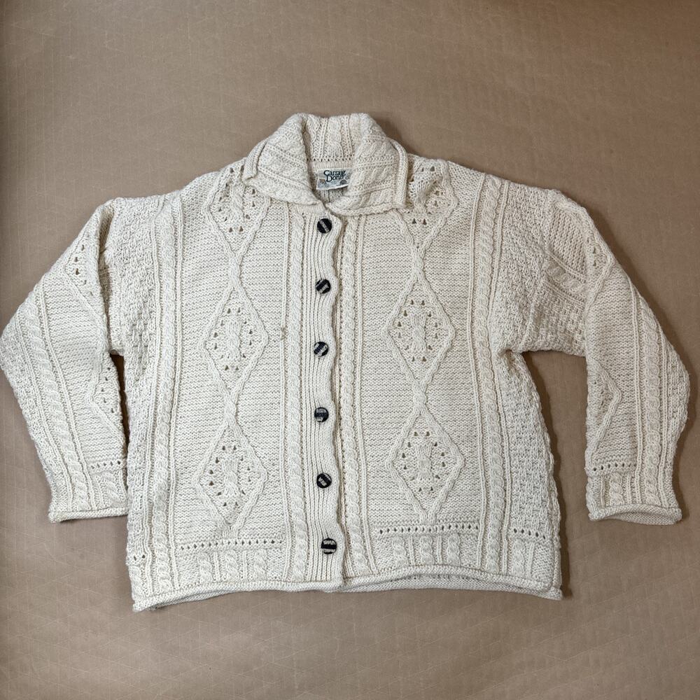 VTG Carraig Donn Women's Aran Wool Cardigan Sweater M Cream Cable Knit‎